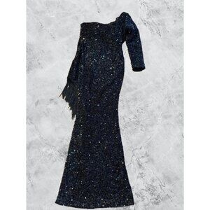 Black Sequined One-Shoulder Gown With Fringe Detail Party Evening